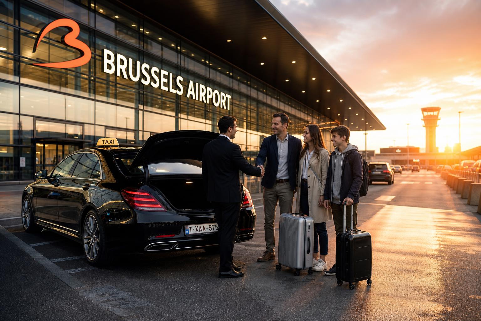 Luxury taxi at Brussels Airport with happy travelers
